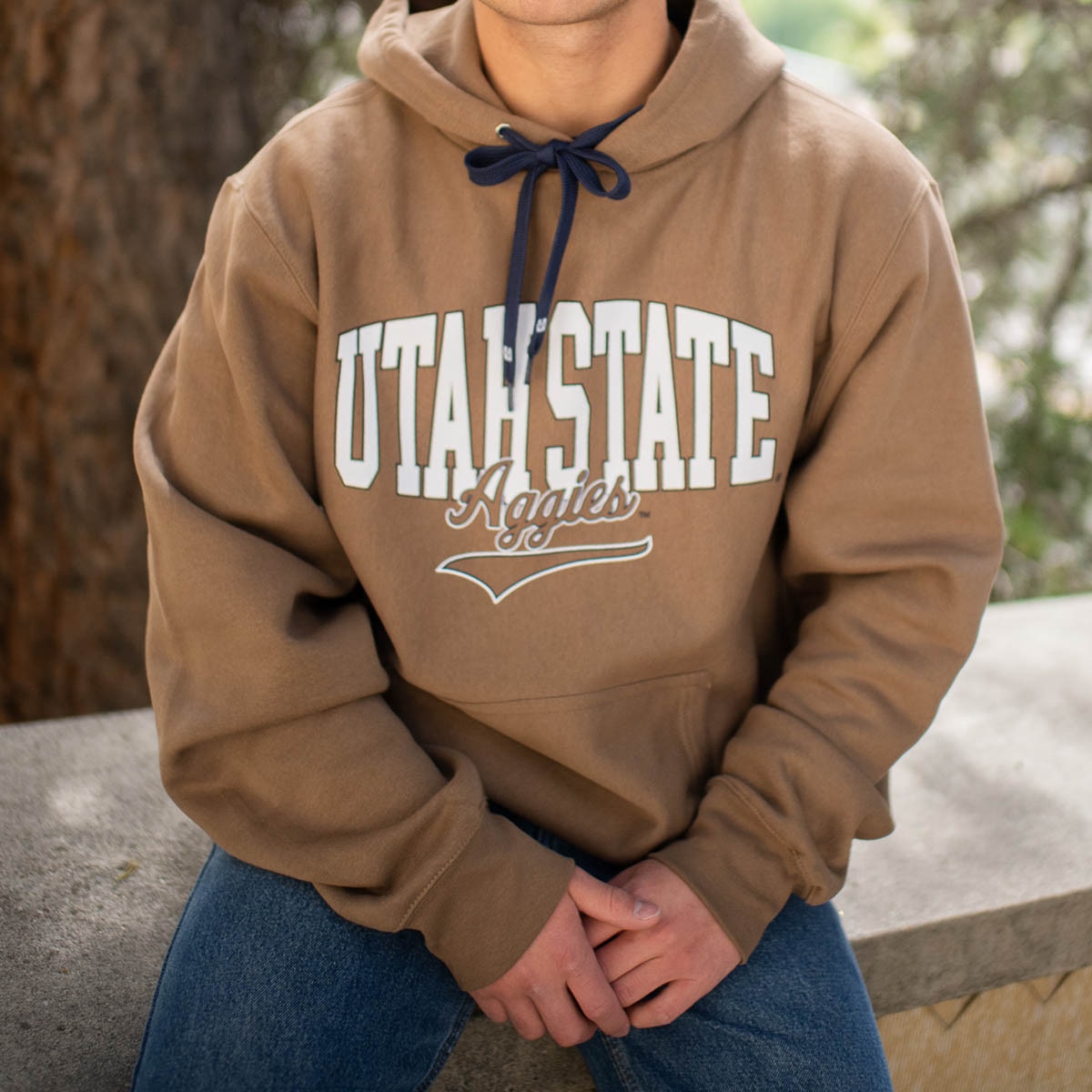 Utah State Aggies brown hoodie with navy laces
